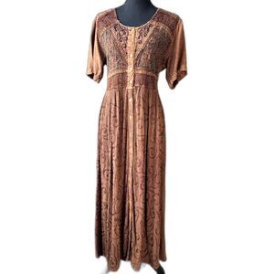 Size L 90s Vintage M.P.H. embroidered crinkle maxi dress cottagecore 10616
